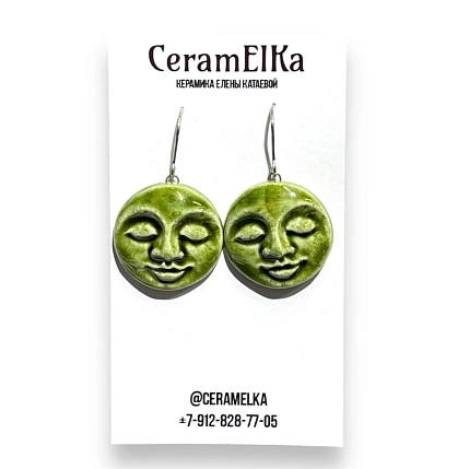 Серьги КерамЕлКа «Лица» №2, керамика, светло-зелёные, фото 1.