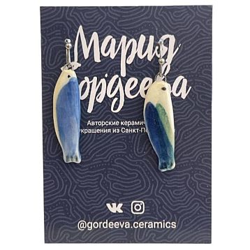 Серьги-конго «Рыбки», керамика, белые с синим, фото 2.