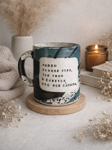 Кружка ручной работы NF ceramics «Люблю раннее утро», бирюзовая, керамика, 400 мл, фото 3.
