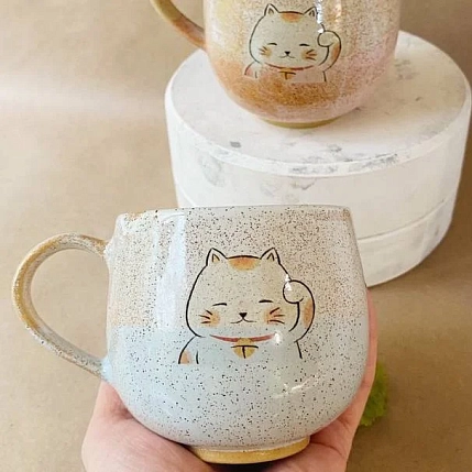 Кружка ручной работы Керемет «Котик», белая, керамика, 300 мл, фото 4.