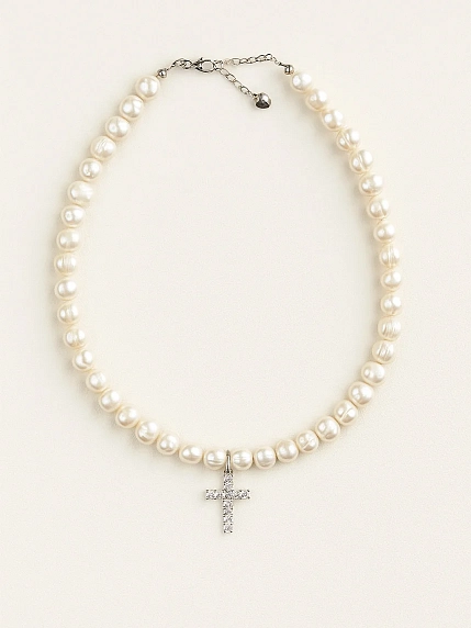 Чокер ручной работы «Holy», речной жемчуг, родированная латунь, фото 2.