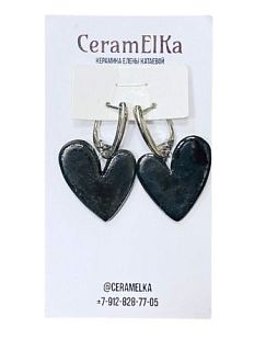 Серьги «Сердечки», фарфор, чёрные металлизированные