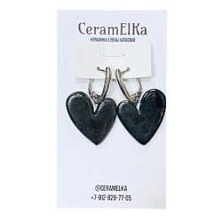 Серьги «Сердечки», фарфор, чёрные металлизированные