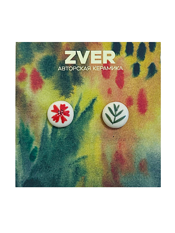 Серьги-гвоздики ручной работы Звер «Красный цветочек и веточка», керамика, фото 1.