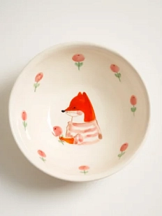 Пиала ручной работы Ким керамика с росписью внутри Лисёнок с розовыми цветами, белая, фарфор, 10 см