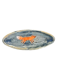 Блюдо овальное ручной работы «Лиса», синий, керамика, 21,5 см