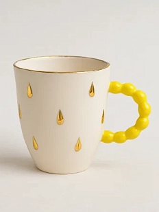 Кружка ручной работы из фарфора, белая с золотыми каплями и жёлтой ручкой, объём 300 мл