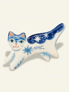 Брошь ручной работы Полина Гузеева «Котик со звёздами», синяя, фарфор