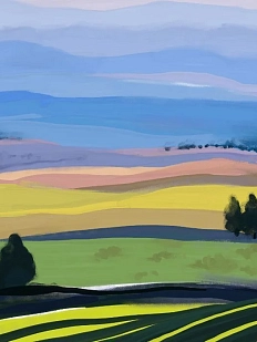 Постер интерьерный «Пейзаж с полями и горами», А3