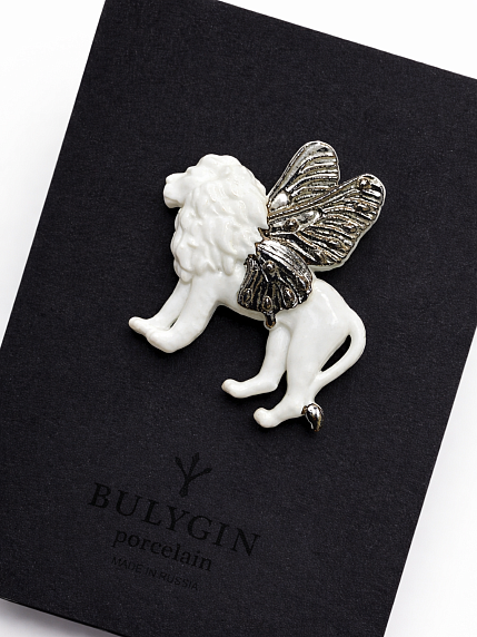 Брошь ручной работы Bulygin «Лев», бело-серебристая, фарфор, фото 2.