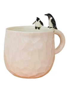 Кружка ручной работы Мама Черепаха с фигурками «Пингвины», нежно-розовая, керамика, 400 мл