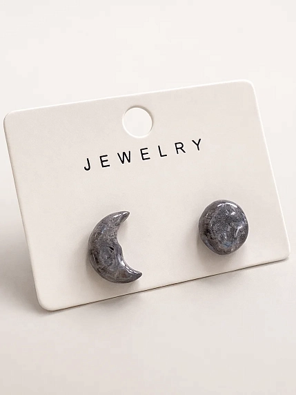 Серёжки-гвоздики КерамЕлКа «Луна», серые, фарфор, фото 2.