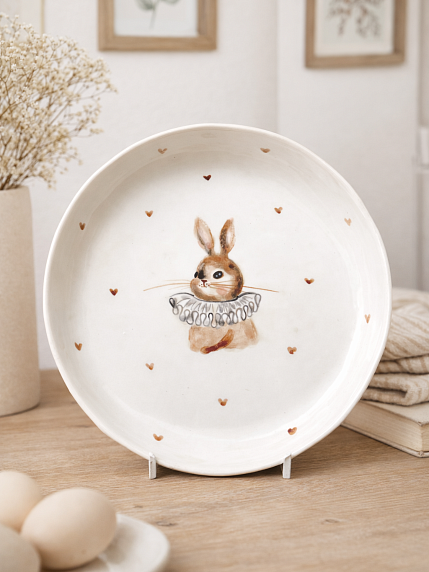 Тарелка ручной работы с бортиком Зайка в жабо с коричневыми сердечками, белая, фарфор, 19 см, фото 2.