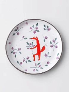 Тарелка ручной работы Ким керамика с бортиком Лис с черникой, белая, 21 см