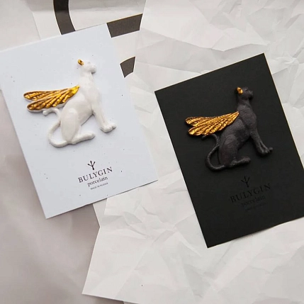 Брошь ручной работы Фарфор Булыгина «Гепард», чёрно-золотистая, фото 5.