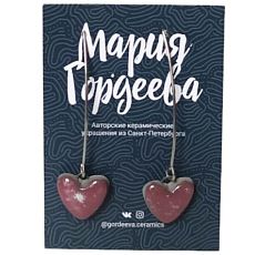 Серьги на длинной петле Сердечки, керамика, тёмно-розовые