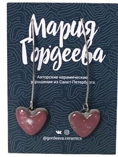 Серьги на длинной петле Сердечки, керамика, тёмно-розовые