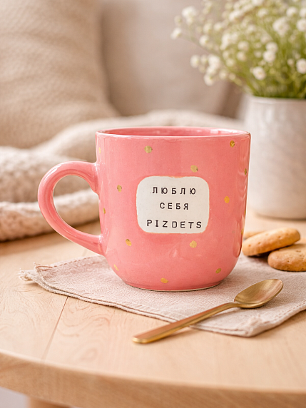 Кружка ручной работы NF ceramics «Люблю себя, p***ets», розовая, керамика, 400 мл, фото 2.