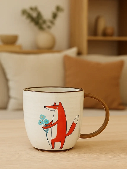 Кружка ручной работы Ким керамика с росписью Лис с незабудками, керамика, 450 мл, фото 2.
