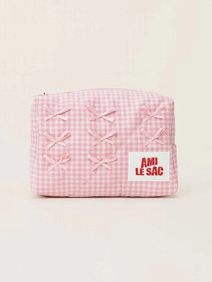 Косметичка ручной работы АМИ (Ami lé sac) «Moyen», розовая клетка с бантиками, фото 1.