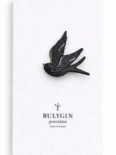 Брошь ручной работы Фарфор Булыгина «Ласточка», чёрно-серебристая