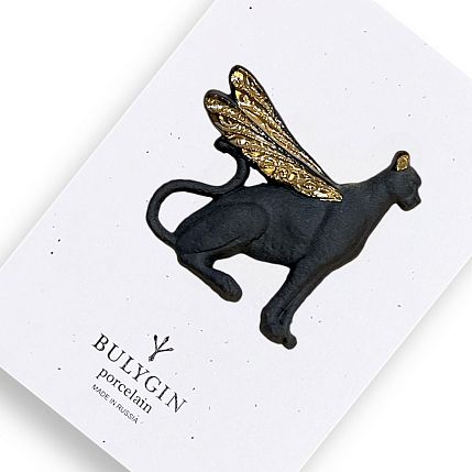 Брошь ручной работы Bulygin «Гепард», фарфор, чёрно-золотистая, фото 1.
