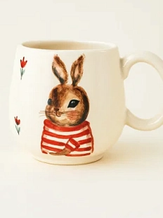 Кружка ручной работы Ким керамика с росписью Зайка в красной тельняшке с цветочками, фарфор, 350 мл