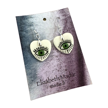 Серьги Elizabeth Madar в форме сердечек с серебряной фурнитурой «Зелёные глаза», керамика, фото 2.