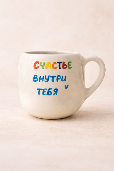 Кружка ручной работы мятая Hands in clay «Счастье внутри», синяя, керамика, 400 мл, фото 1.