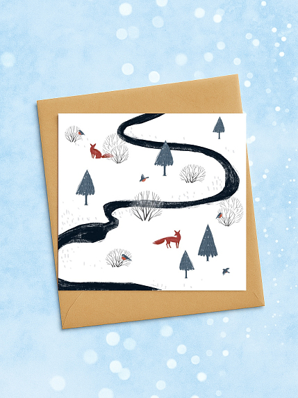 Квадратная зимняя сканди открытка «Пейзаж со зверятами», фото 2.