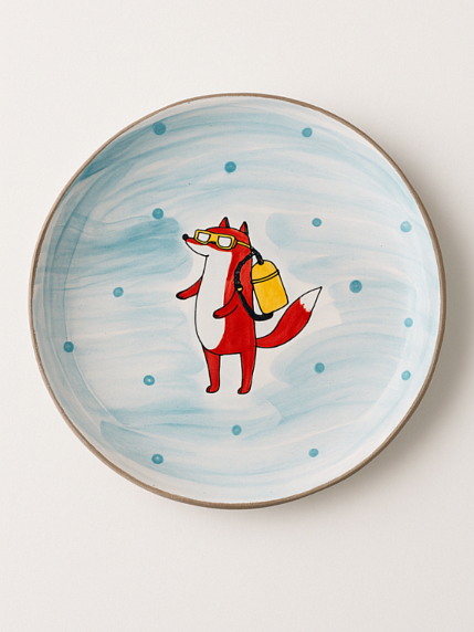 Тарелка ручной работы с бортиком Лис-дайвер, белая, 17 см, фото 1.