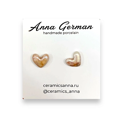 Серёжки-гвоздики Анна Герман Сердечки, фарфор, розово-золотые, фото 1.