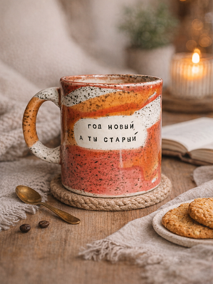 Кружка ручной работы NF ceramics «Год новый, а ты старый», красная, керамика, 440 мл, фото 2.