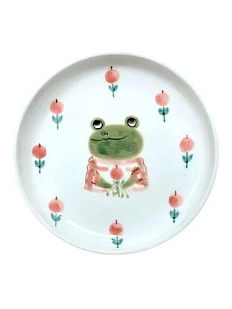 Тарелка ручной работы Ким керамика с бортиком Лягушка с розовыми ягодками, белая, фарфор, 13 см