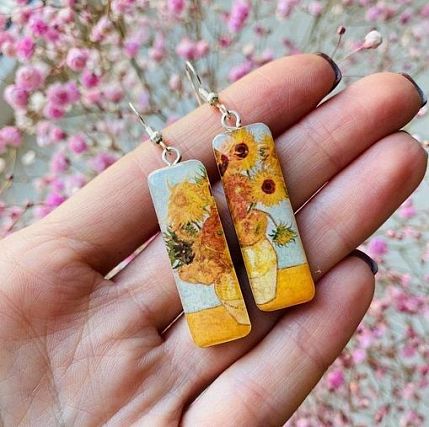 Серьги с картиной «Подсолнухи», дерево с эпоксидной смолой, фото 3.