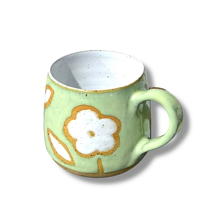Кружка ручной работы с белыми цветами, зелёная, керамика, 300 мл, фото 2.