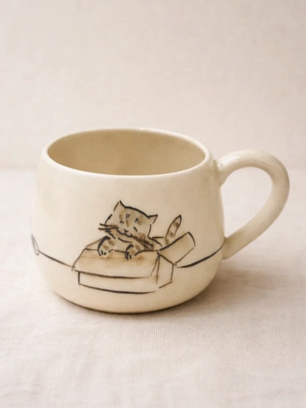 Кружка ручной работы НАДО ЖЕ с росписью «Котик в коробке», белая, керамика, 300 мл, фото 2.