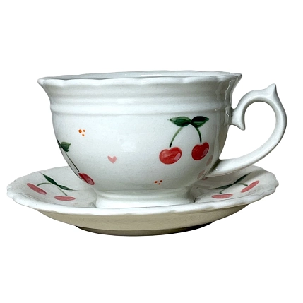 Чайная пара ручной работы Slowday Ceramics «Вишенки», полуфарфор, 250 мл, фото 1.