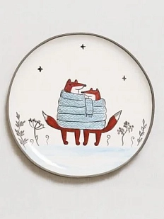 Тарелка ручной работы Ким керамика с бортиком Лисы в шарфе, белая, 13 см