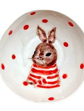 Пиала ручной работы Ким керамика с росписью внутри Зайка в красной горошек, белая, фарфор, 10 см