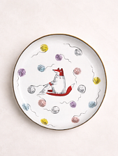 Тарелка ручной работы Ким керамика с бортиком Лис и клубочки пряжи, белая, 17 см