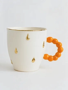 Кружка ручной работы из фарфора, белая с золотыми каплями и оранжевой ручкой, объём 300 мл