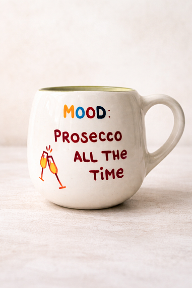 Кружка ручной работы круглая Hands in clay «Mood: prosecco all the time», белая, керамика, 400 мл, фото 1.