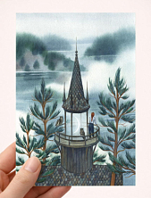 Открытка Анна Спешилова «Башня на берегу озера», односторонняя