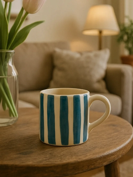 Кружка ручной работы прямая Чашки и поцелуи «Синие полоски», полуфарфор, 250 мл, фото 3.