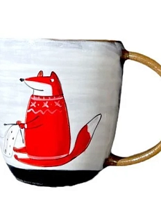 Кружка ручной работы Ким керамика с росписью Лис и котик с клубочком, керамика, 450 мл