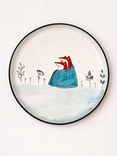 Тарелка ручной работы Ким керамика с бортиком Пара лисичек с пледом, белая, 21 см