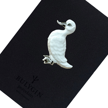Брошь ручной работы Bulygin «Уточка», фарфор, бело-серебристая, фото 1.