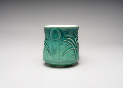 Кружка ручной работы «Журавли», зеленая, фарфор, 390 мл, фото 3.