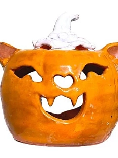 Подсвечник ручной работы Тыква в колпаке, оранжевая, керамика, 12 см